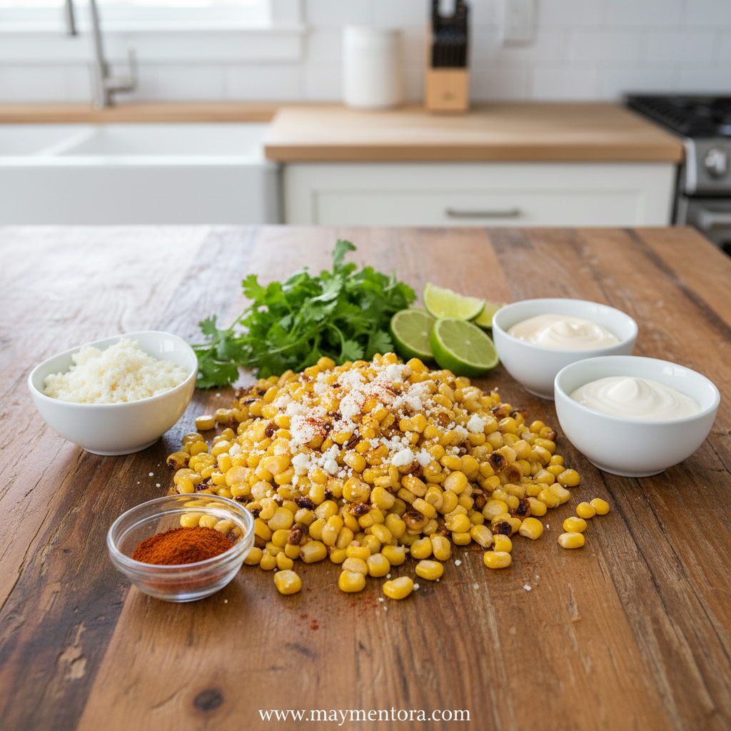 Fresh ingredients for Mexican corn salad including corn, lime, cilantro and spices
