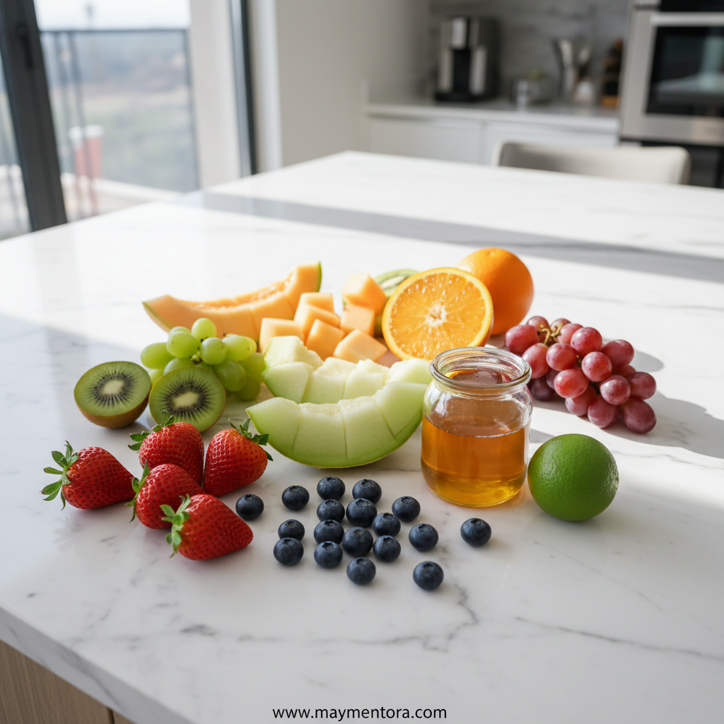 Fresh fruits and honey lime dressing ingredients arranged on wooden board