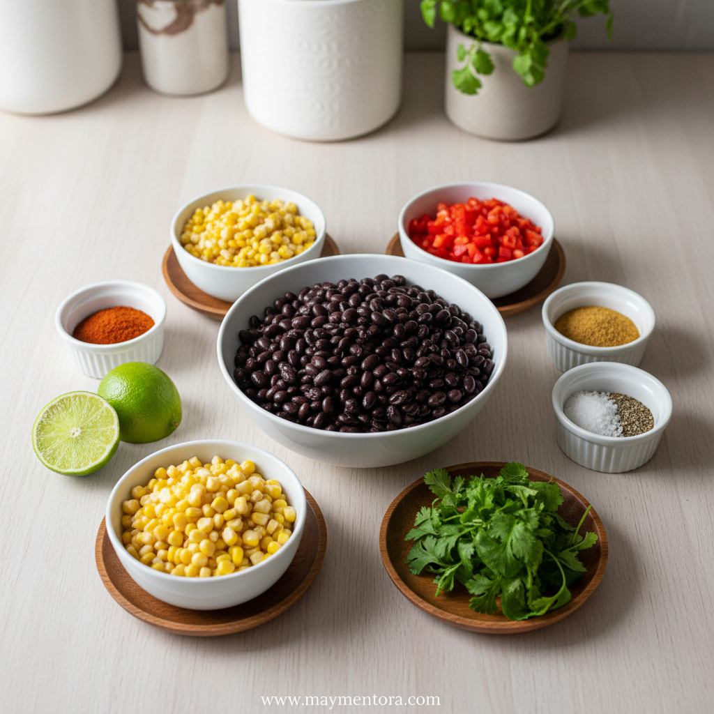 Ingredients for Southwest black bean salad including beans, corn, and fresh vegetables