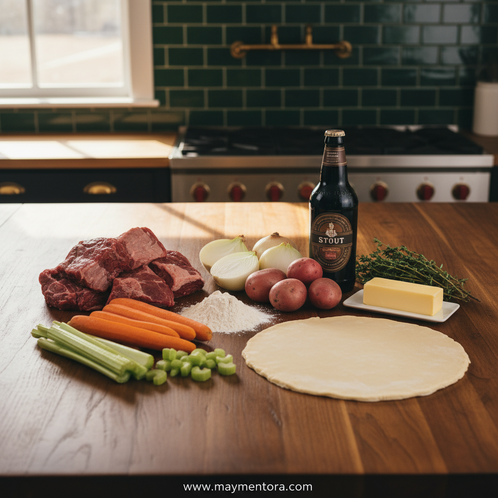 Ingredients for beef pot pie including beef, vegetables, and pastry