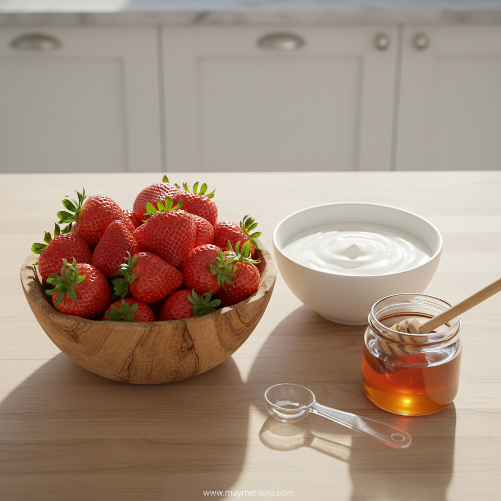 Fresh strawberries, Greek yogurt, honey, and vanilla extract ingredients for frozen yogurt