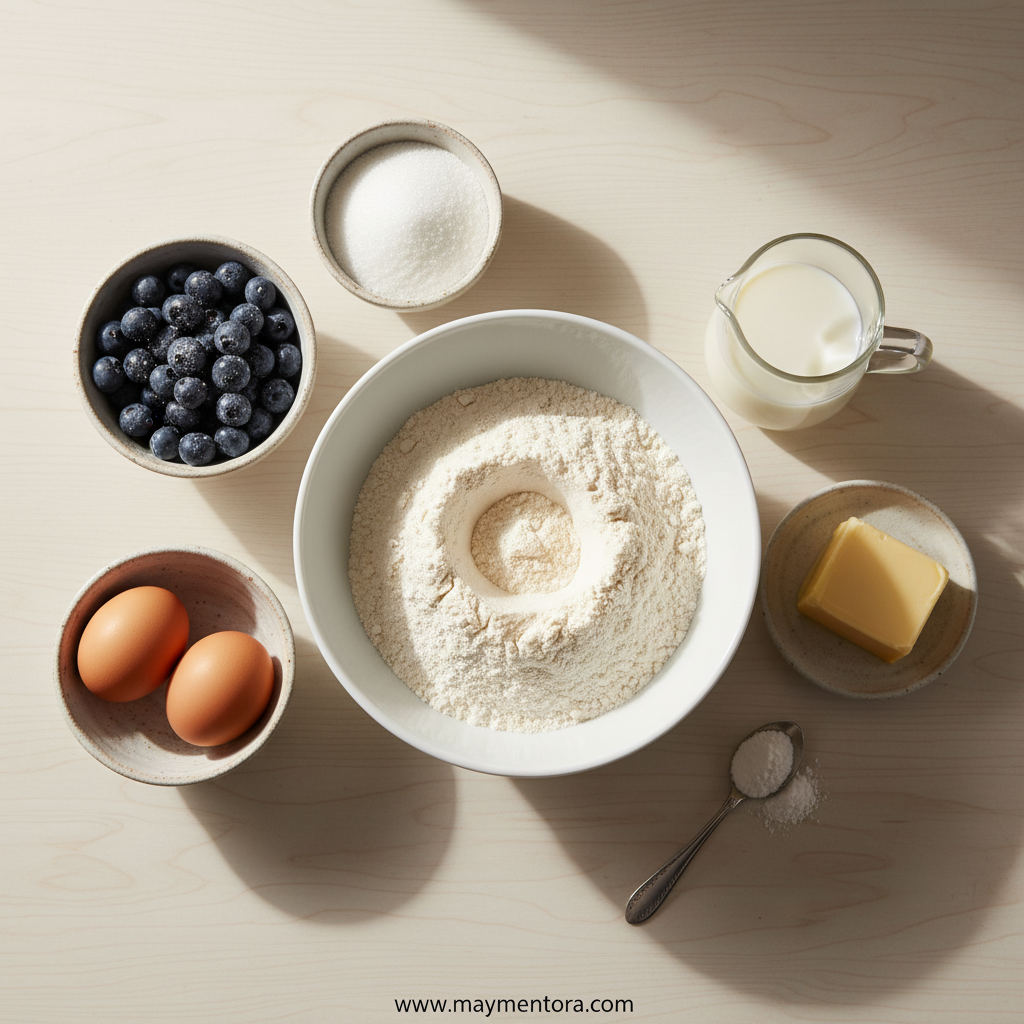 All ingredients for blueberry muffins laid out on counter