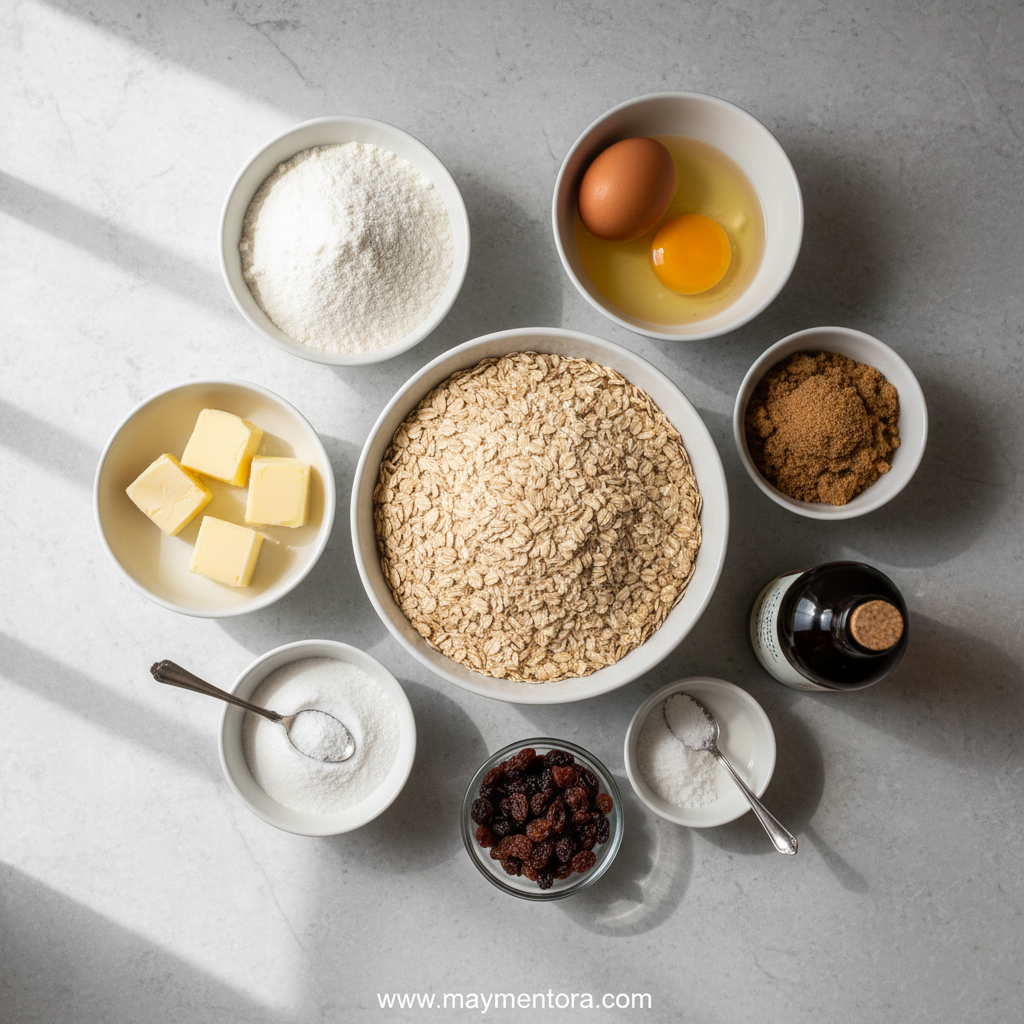 Ingredients for making oatmeal cookies arranged beautifully